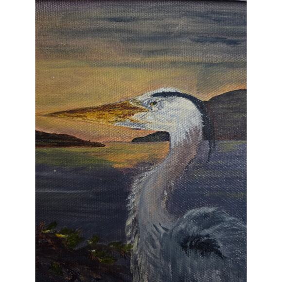 Vintage 1970s-90s Oil Painting Heron at Sunset 14x11" Framed Lake Scene Bird - Picture 3 of 9